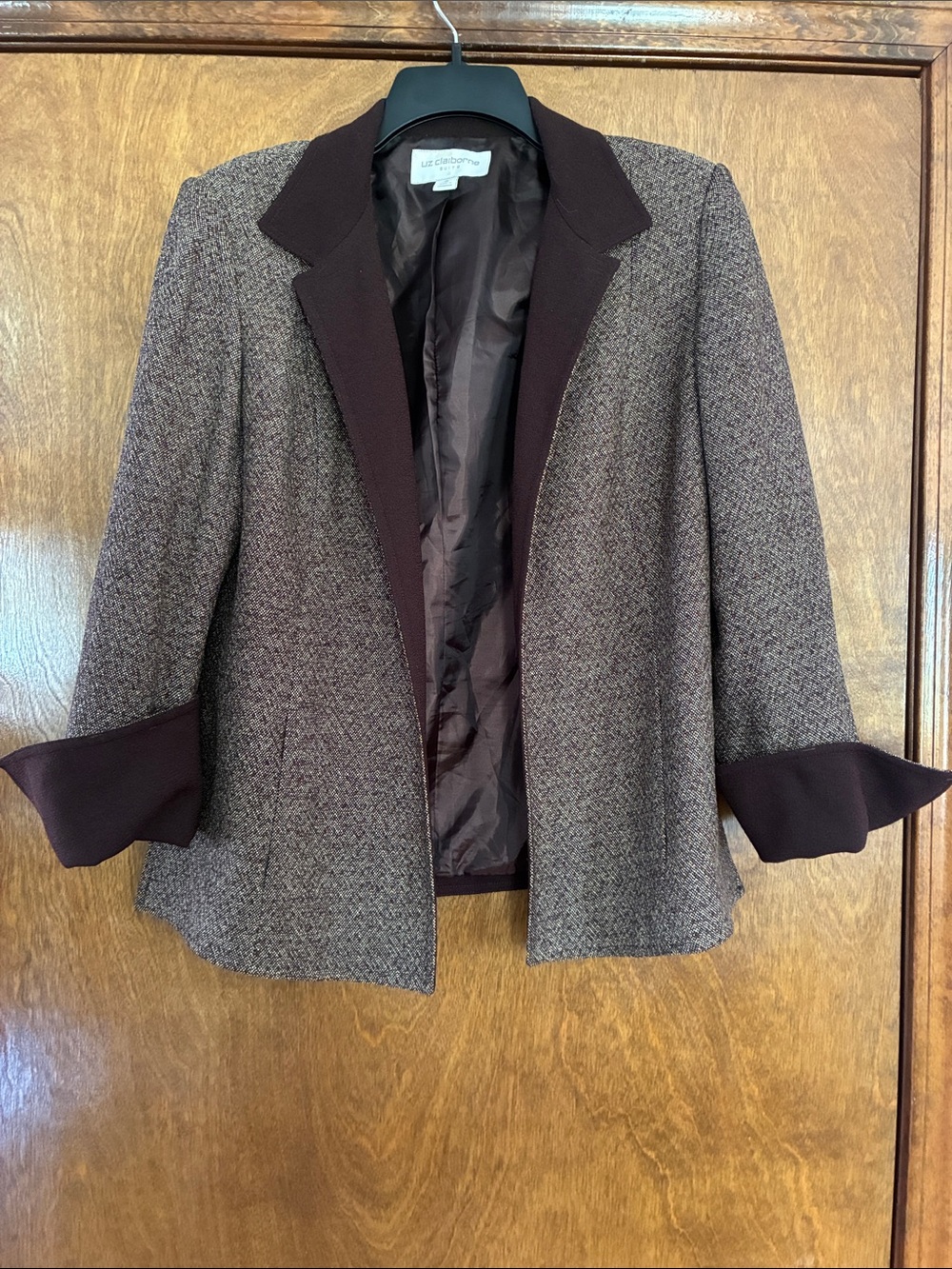 Vintage Liz Claiborne Brown Tweed Blazer with Dark Brown Trim Size 10